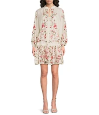 Sam Edelman Chiffon Floral Print Mock Neck Long Sleeve A-Line Mini Dress