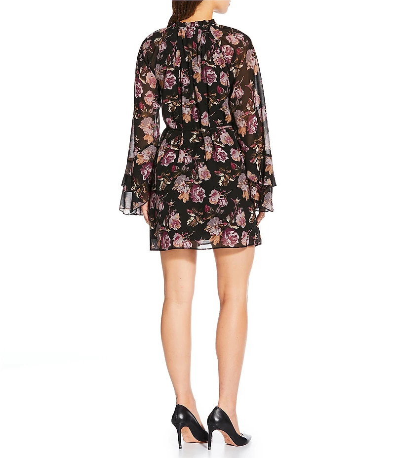 Sam Edelman Chiffon Long Sleeve Ruffled Dark Rose Sheath Mini Dress