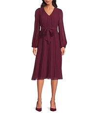 Sam Edelman Chiffon V-Neck Long Sleeve Pleated A-Line Midi Dress