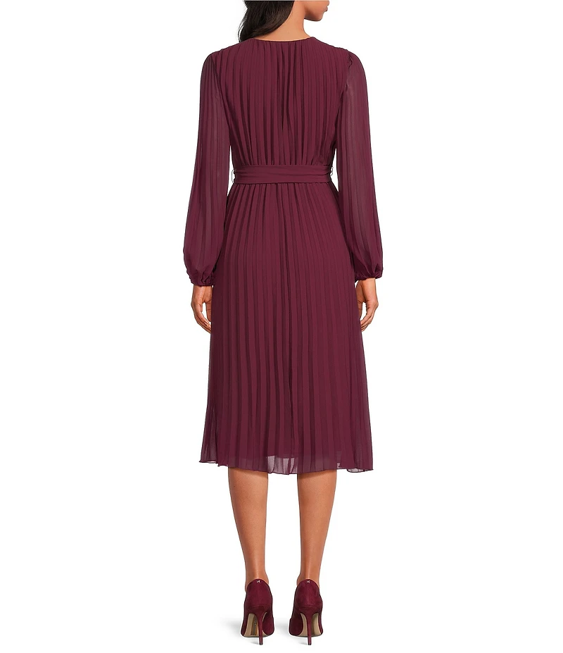 Sam Edelman Chiffon V-Neck Long Sleeve Pleated A-Line Midi Dress