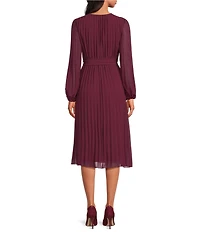 Sam Edelman Chiffon V-Neck Long Sleeve Pleated A-Line Midi Dress