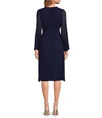 Sam Edelman Chiffon V-Neck Long Sleeve Pleated A-Line Midi Dress