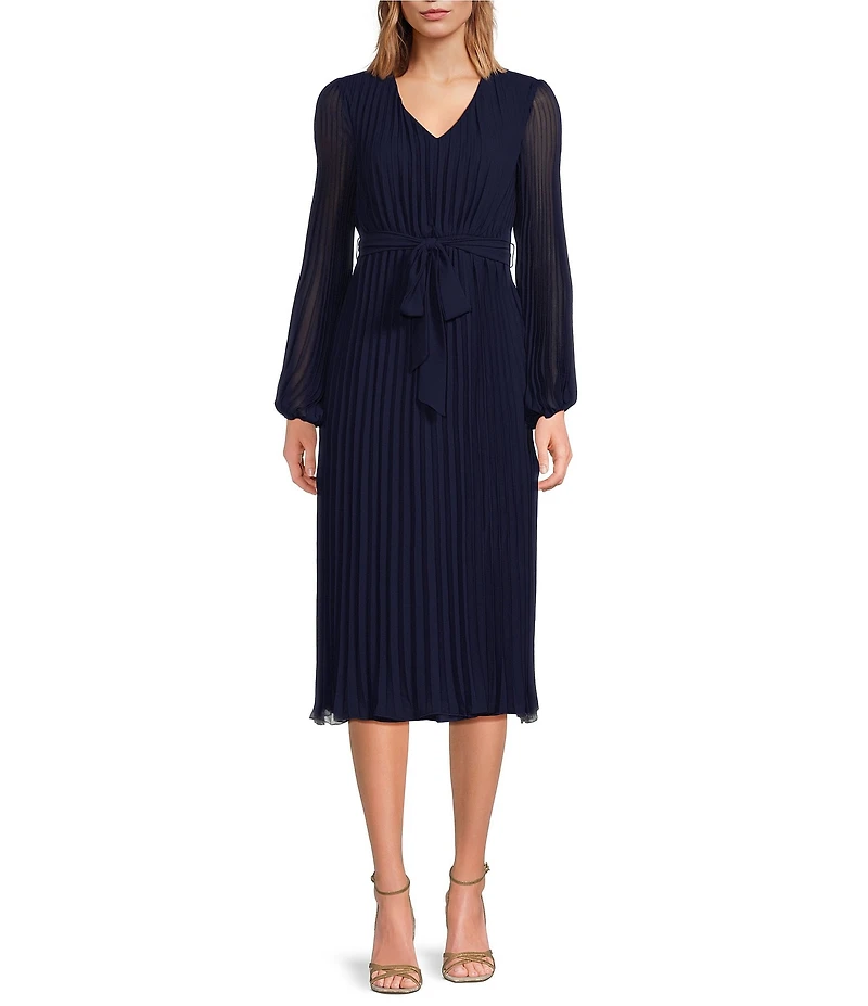 Sam Edelman Chiffon V-Neck Long Sleeve Pleated A-Line Midi Dress
