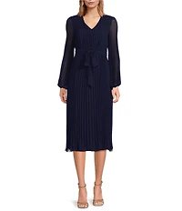 Sam Edelman Chiffon V-Neck Long Sleeve Pleated A-Line Midi Dress