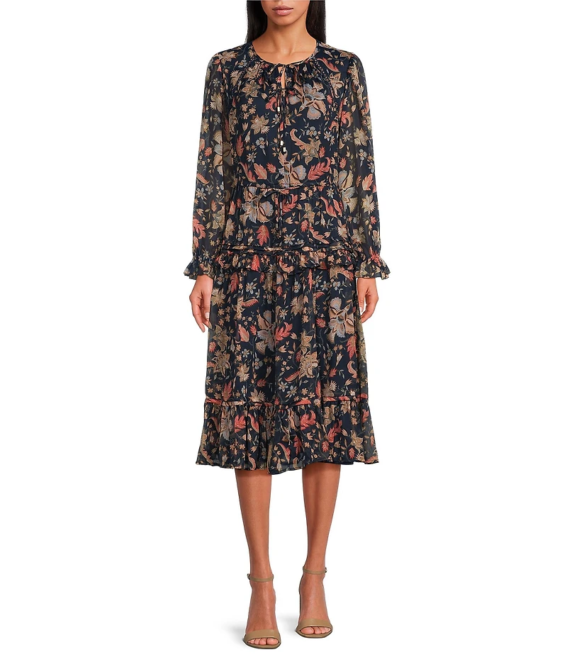 Sam Edelman Clarice Floral Crinkle Chiffon V-Neck Long Sleeve Swing Midi Dress