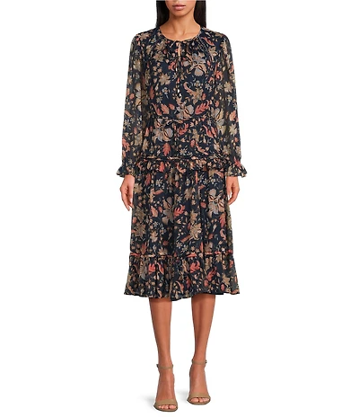 Sam Edelman Clarice Floral Crinkle Chiffon V-Neck Long Sleeve Swing Midi Dress
