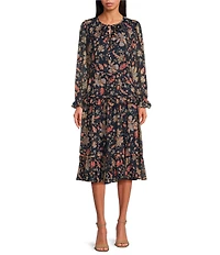 Sam Edelman Clarice Floral Crinkle Chiffon V-Neck Long Sleeve Swing Midi Dress