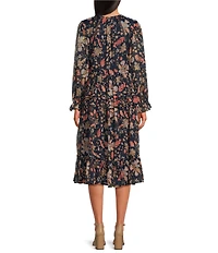 Sam Edelman Clarice Floral Crinkle Chiffon V-Neck Long Sleeve Swing Midi Dress