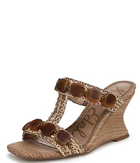 Sam Edelman Dante Stone Embellished Raffia T-Strap Wedge Slide Sandals