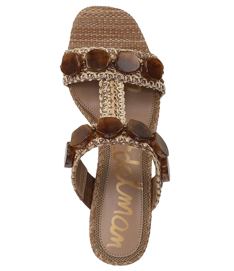 Sam Edelman Dante Stone Embellished Raffia T-Strap Wedge Slide Sandals