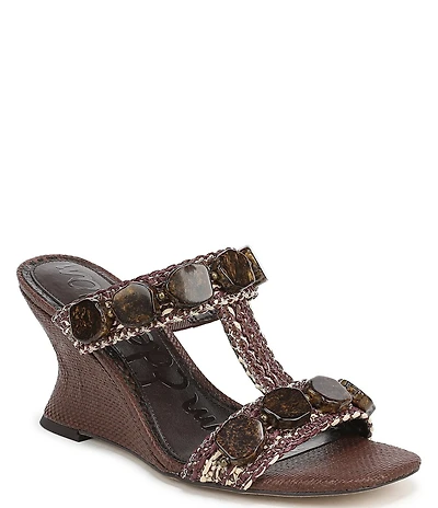 Sam Edelman Dante Stone Embellished Raffia T-Strap Wedge Slide Sandals