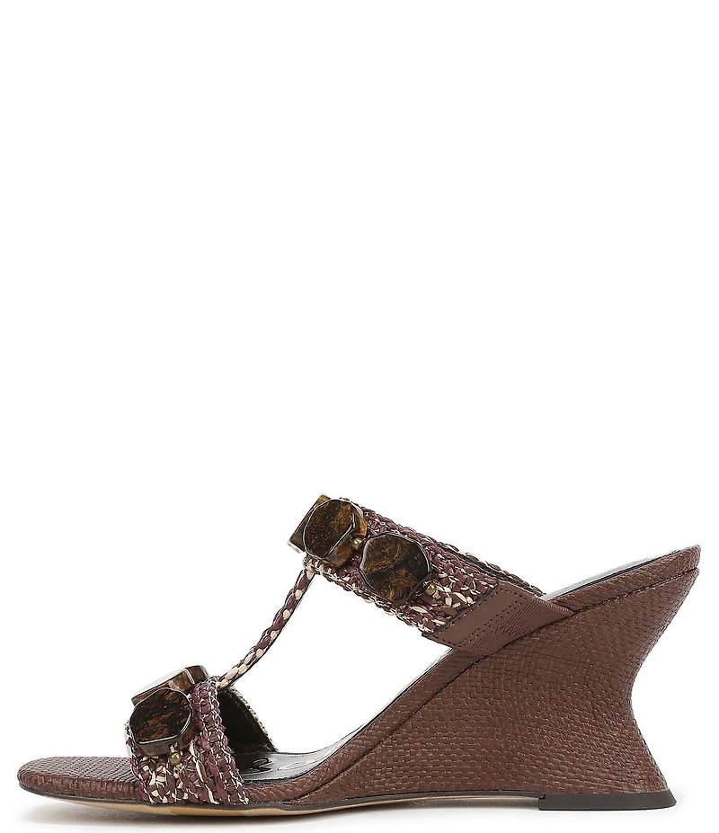Sam Edelman Dante Stone Embellished Raffia T-Strap Wedge Slide Sandals