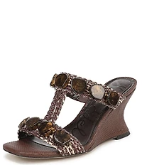 Sam Edelman Dante Stone Embellished Raffia T-Strap Wedge Slide Sandals