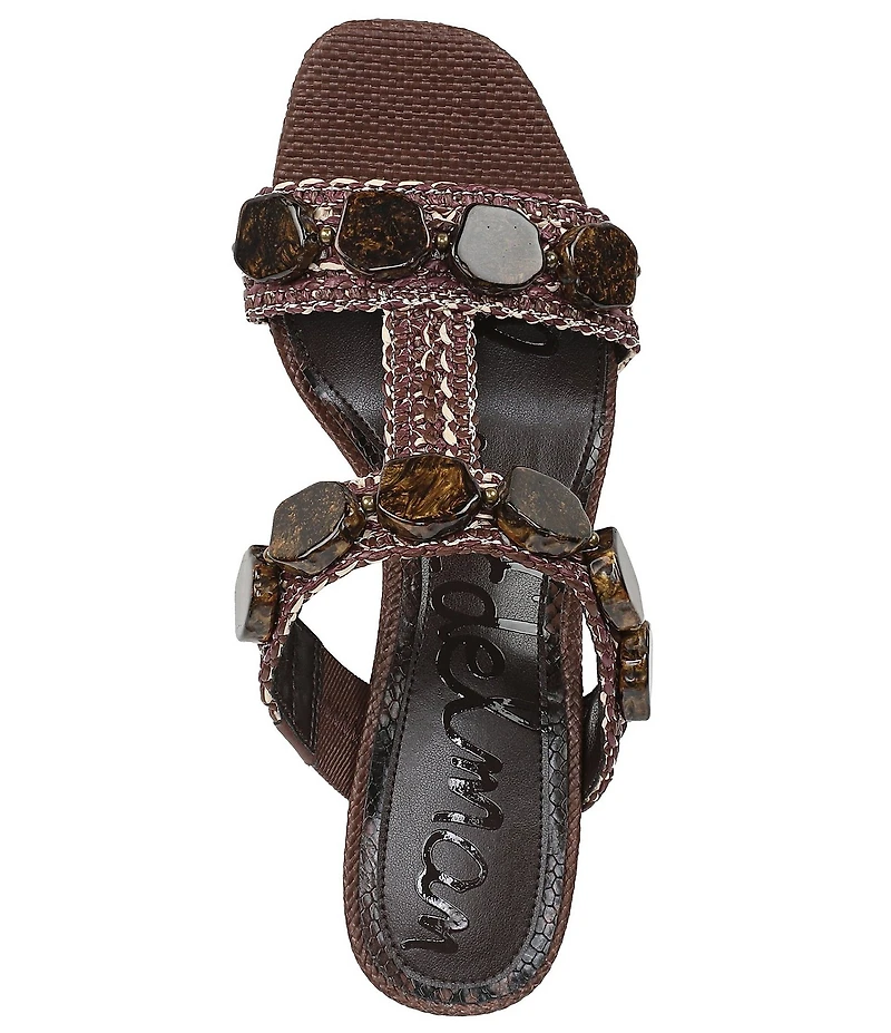 Sam Edelman Dante Stone Embellished Raffia T-Strap Wedge Slide Sandals