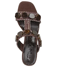 Sam Edelman Dante Stone Embellished Raffia T-Strap Wedge Slide Sandals