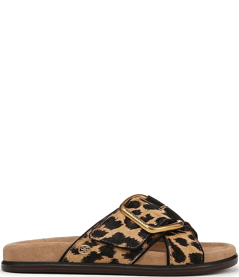 Sam Edelman Darla Leopard Print Calf Hair Criss Cross Buckle Hardware Slide Sandals