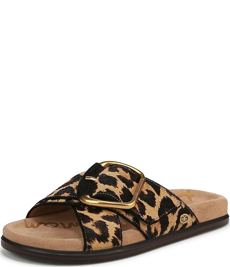 Sam Edelman Darla Leopard Print Calf Hair Criss Cross Buckle Hardware Slide Sandals