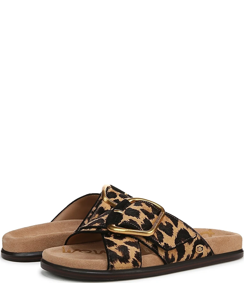 Sam Edelman Darla Leopard Print Calf Hair Criss Cross Buckle Hardware Slide Sandals
