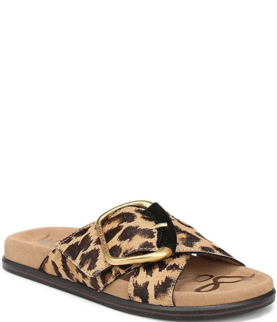 Sam Edelman Darla Leopard Print Calf Hair Cross Buckle Hardware Slide Sandals