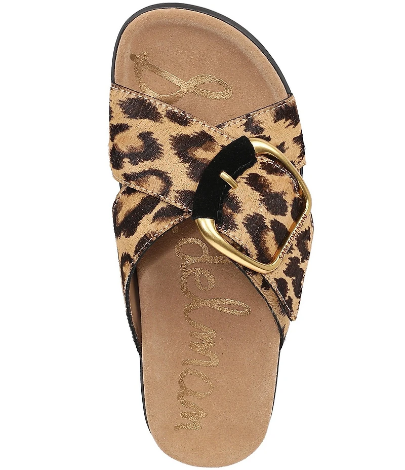 Sam Edelman Darla Leopard Print Calf Hair Cross Buckle Hardware Slide Sandals