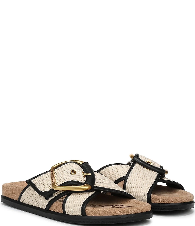 Sam Edelman Darla Raffia Multi Criss Cross Buckle Hardware Slide Sandals