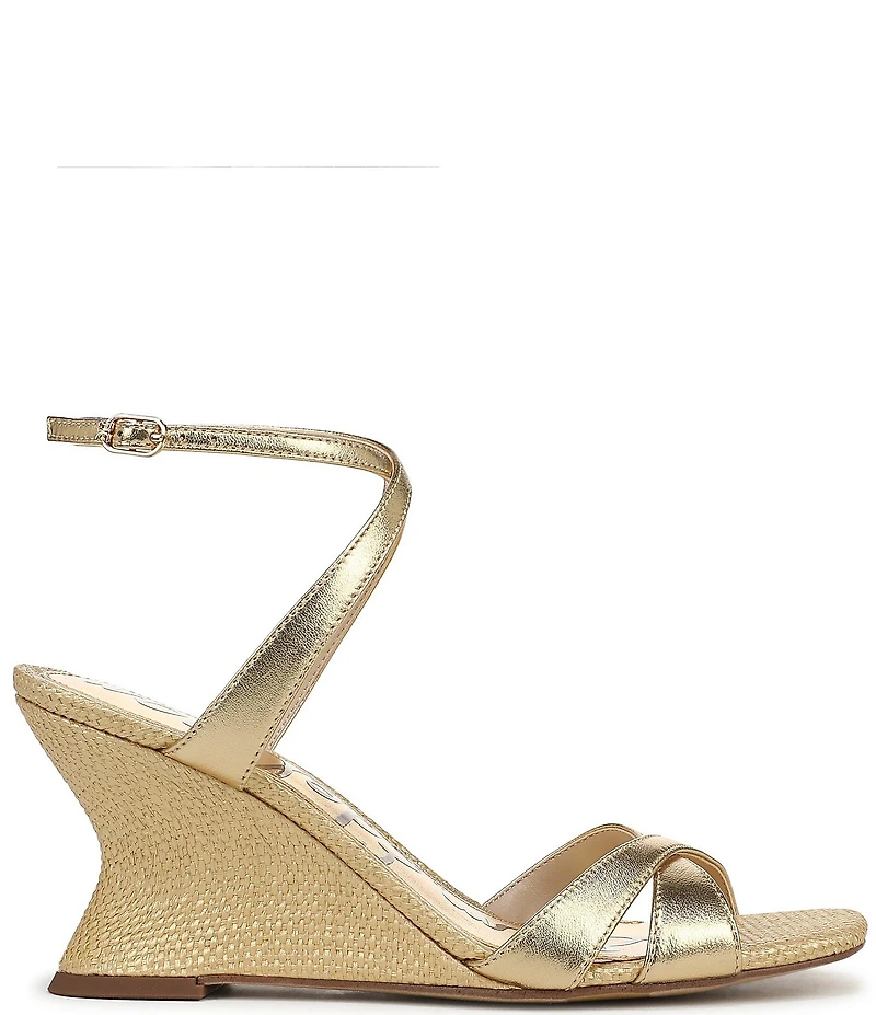 Sam Edelman Davi Leather and Raffia Ankle Wrap Wedge Dress Sandals