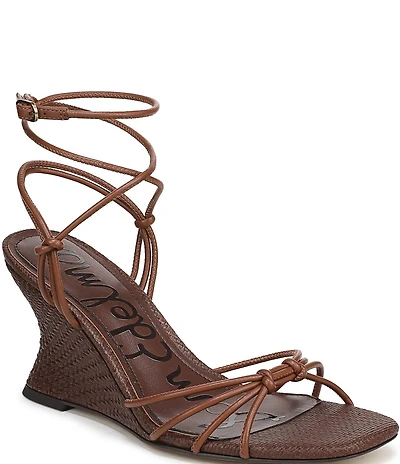 Sam Edelman Daxton Leather and Raffia Ankle Wrap Wedge Dress Sandals