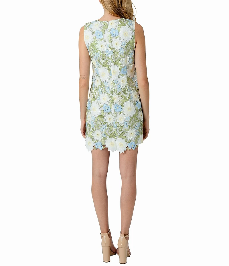 Sam Edelman Embroidered Floral Lace Crew Neck Sleeveless Shift Mini Dress