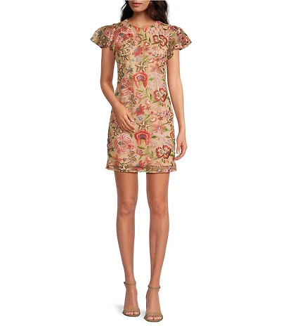 Sam Edelman Embroidered Floral Print Crew Neck Short Sleeve Sheath Mini Dress