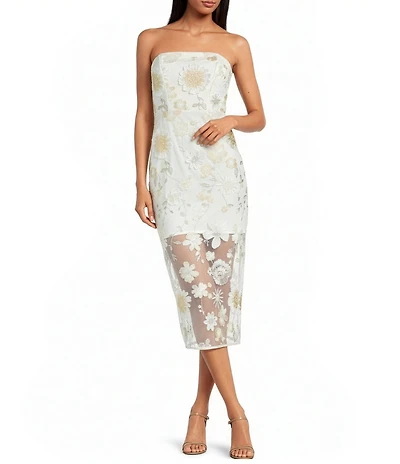 Sam Edelman Embroidered Mesh 3D Floral Applique Strapless Sheath Midi Dress