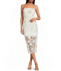Sam Edelman Embroidered Mesh 3D Floral Applique Strapless Sheath Midi Dress