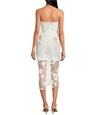 Sam Edelman Embroidered Mesh 3D Floral Applique Strapless Sheath Midi Dress