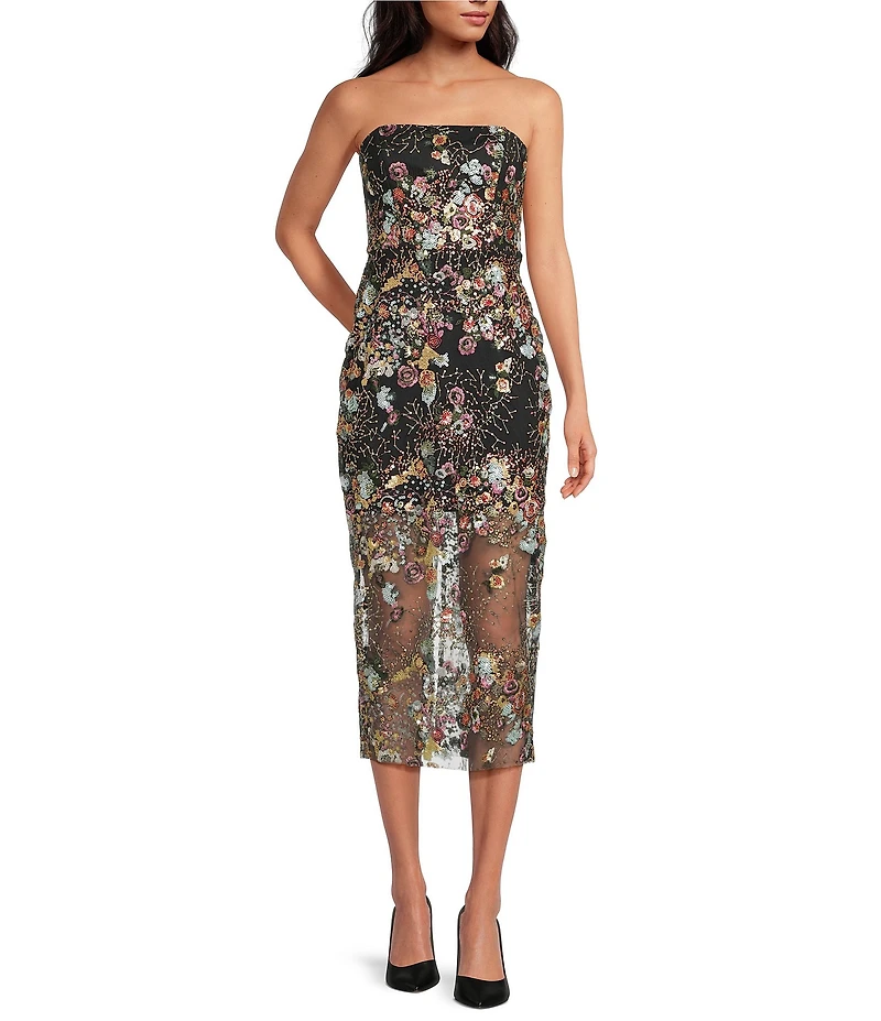 Sam Edelman Embroidered Mesh Floral Strapless Sheath Midi Dress