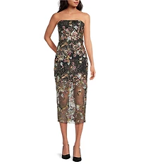 Sam Edelman Embroidered Mesh Floral Strapless Sheath Midi Dress