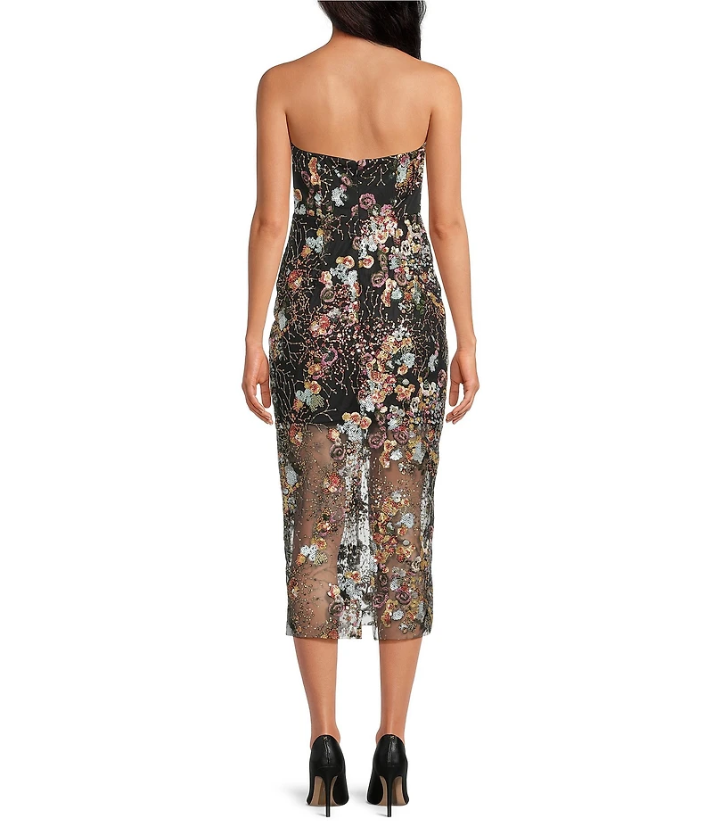Sam Edelman Embroidered Mesh Floral Strapless Sheath Midi Dress