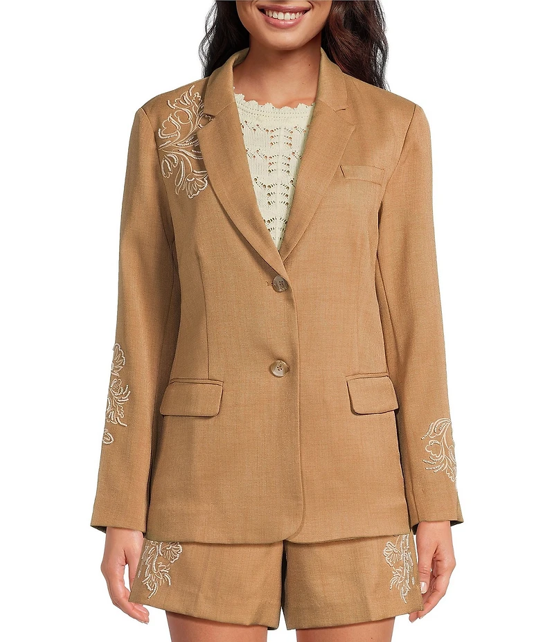 Sam Edelman Coordinating Fallon Slim Stretch Embroidered Twill Notch Lapel Two Button Blazer