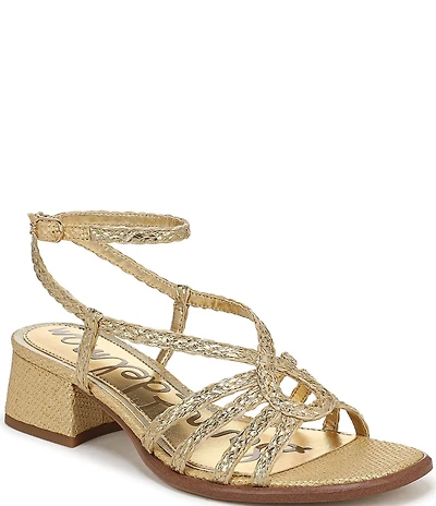 Sam Edelman Fletcher Braided Metallic Raffia Ankle Strap Block Heel Sandals