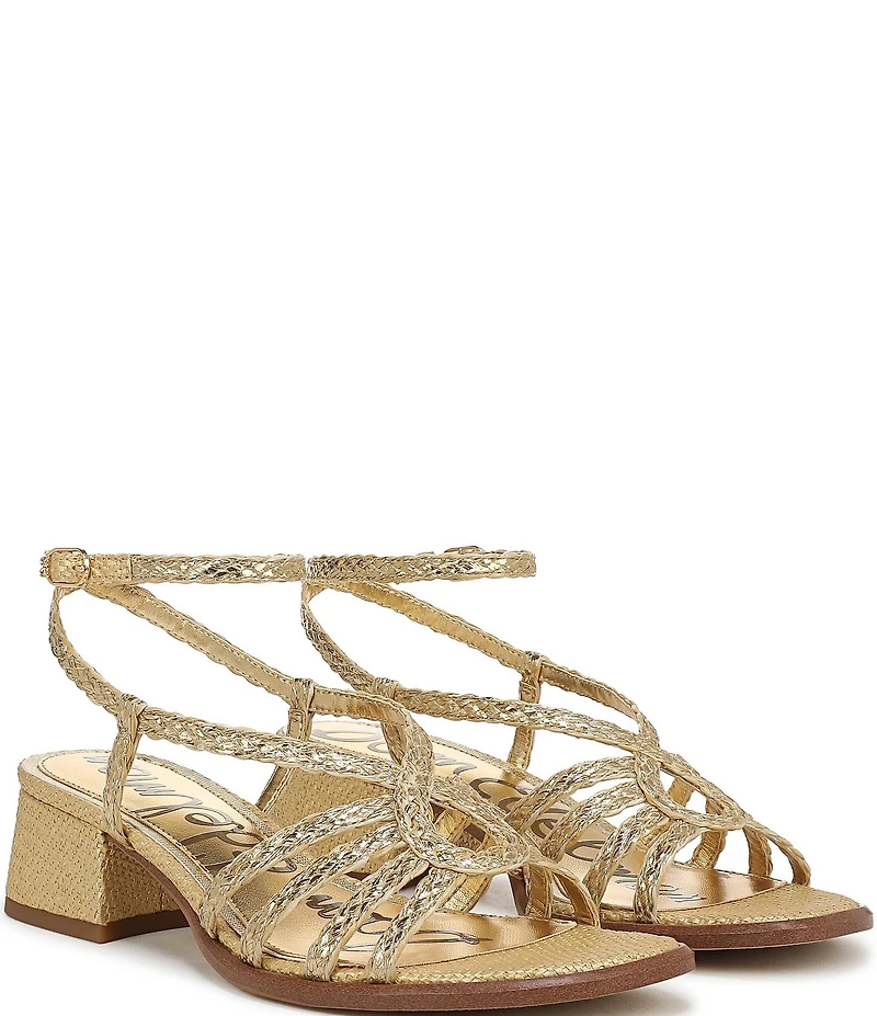 Sam Edelman Fletcher Braided Metallic Raffia Ankle Strap Block Heel Sandals