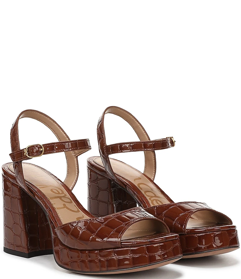 Sam Edelman Fleur Crocodile Embossed Patent Leather Ankle Strap Platform Dress Sandals