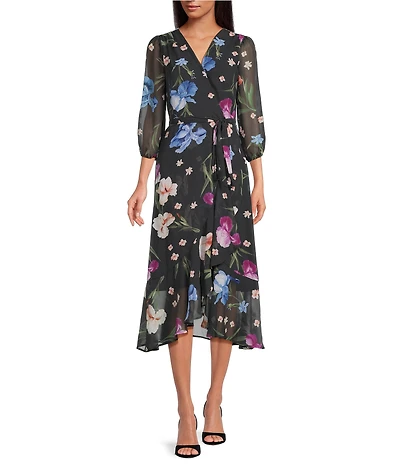 Sam Edelman Floral Print Chiffon V-Neck 3/4 Sleeve Faux Wrap Midi Dress