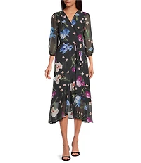 Sam Edelman Floral Print Chiffon V-Neck 3/4 Sleeve Faux Wrap Midi Dress