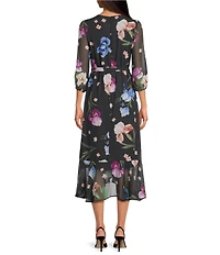 Sam Edelman Floral Print Chiffon V-Neck 3/4 Sleeve Faux Wrap Midi Dress