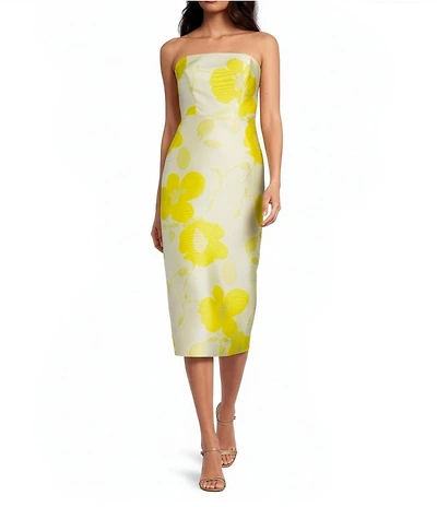 Sam Edelman Floral Print Strapless Sheath Chiffon Midi Dress