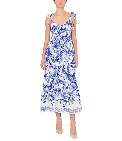 Sam Edelman Floral Print Sweetheart Neck Sleeveless A-Line Midi Dress