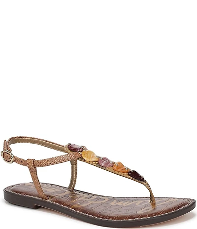 Sam Edelman Gigi Raffia Stone Ornamented T-Strap Flat Sandals