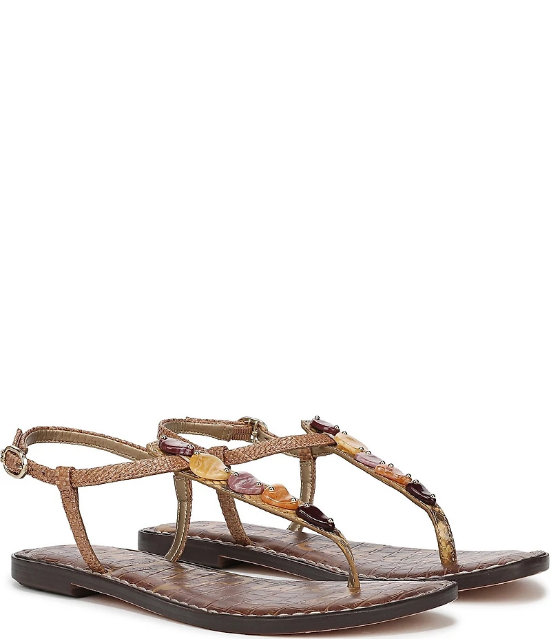 Sam Edelman Gigi Raffia Stone Ornamented T-Strap Flat Sandals