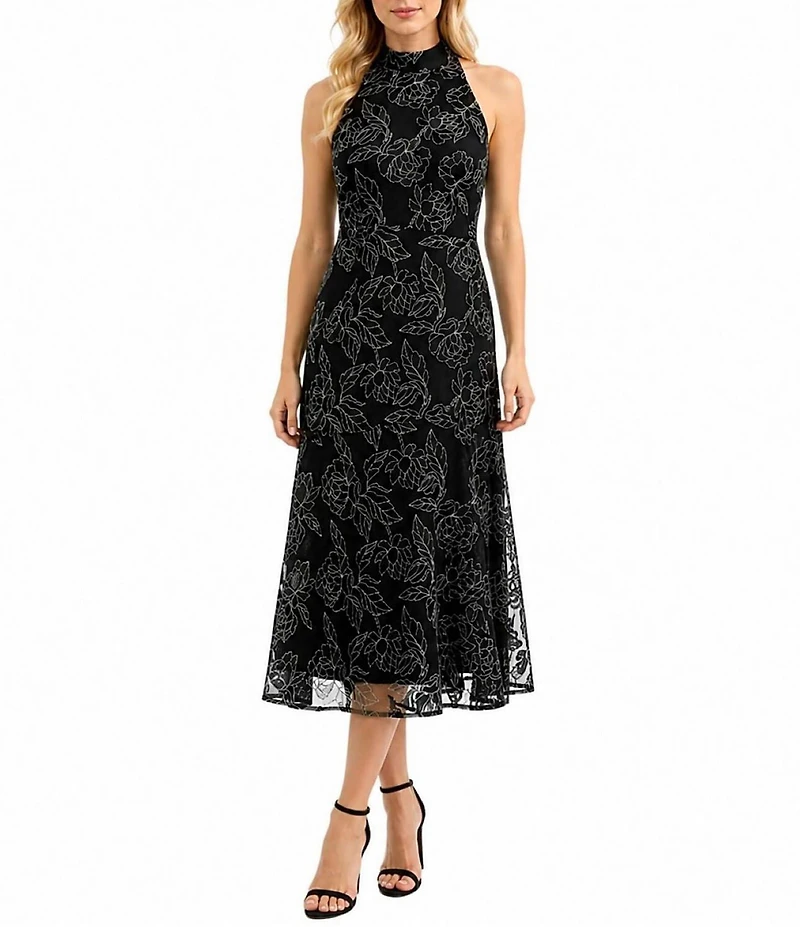 Sam Edelman Halter Embroidered Sleeveless Midi Dress