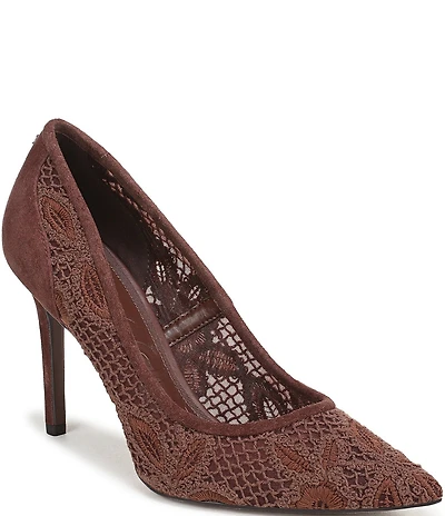 Sam Edelman Hazel Woven Floral Lace and Suede Pointed Toe Pumps