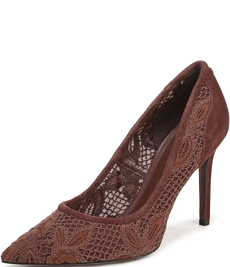 Sam Edelman Hazel Woven Floral Lace and Suede Pointed Toe Pumps