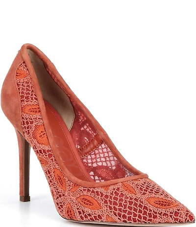 Sam Edelman Hazel Woven Floral Lace and Suede Pointed Toe Pumps